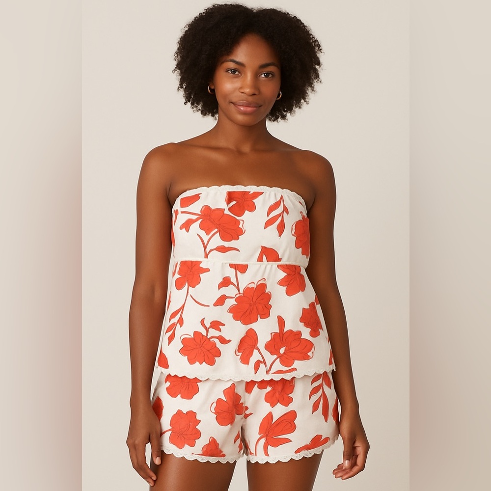 Commense Red Floral Pajama Set | Strapless Top & Shorts | Size Small